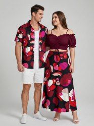Flower Petal Heart Print Plus Size Matching Hawaii Beach Outfit For Couples -  