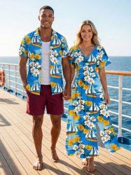 Ensemble de plage hawaïen assorti pour couples, imprimé fleurs et voiliers, grandes tailles - Bleu 