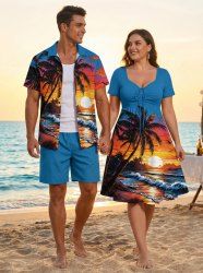 Coconut Tree Sea Waves Sun Print Plus Size Matching Hawaii Beach Outfit For Couples -  