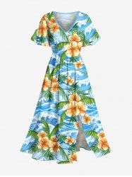 Robe midi fendue hawaïenne à imprimé fleurs, feuilles et vagues, grande taille - Bleu Ciel M