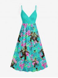 Plus Size Gorilla Hibiscus Flowers Tropical Leaf Print Surplice Hawaii Cami Dress -  