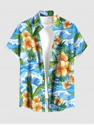 Chemise hawaïenne grande taille pour homme, à imprimé fleurs, feuilles et vagues, avec boutons et poche. - Bleu Ciel 6XL
