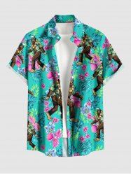 Chemise hawaïenne grande taille pour homme, à boutons et poches, ornée de fleurs d'hibiscus et de feuilles tropicales, avec motif gorille et hibiscus. Imprimé tropical. Motif feuilles, feuilles, gorille. Grande taille. Modèle homme. Boutons et poche. - Émeraude M