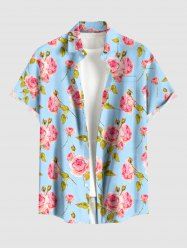 Chemise hawaïenne grande taille pour homme, à imprimé rose et feuilles, boutons et poche. - Bleu clair XL