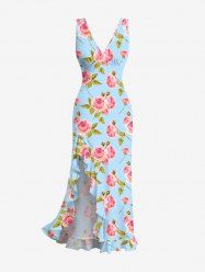 Rose Flowers Leaf Print Hawaii Ruffles Split Surplice Dress -  