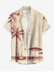 Chemise hawaïenne grande taille pour homme, imprimée cocotiers et voiliers, paysage marin, boutons et poche. - café lumière M