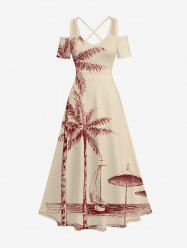 Robe longue hawaïenne grande taille à imprimé de cocotiers, de voiliers et de paysages marins, épaules dénudées et croisées. - café lumière 2X
