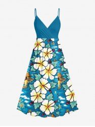 Plus Size Coconut Tree Hibiscus Flower Seascape Print Surplice Hawaii Cami Dress -  