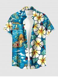 Chemise hawaïenne grande taille pour homme, imprimée cocotiers et hibiscus, paysage marin, boutons et poche. - Pers M