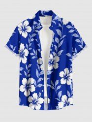 Chemise à poches boutonnées hawaïennes imprimée de branches d'hibiscus et de feuilles, grande taille, pour hommes - Bleu M