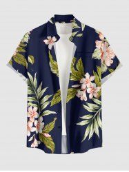 Plus Size Tropical Leaf Flower Print Hawaii Button Pocket Shirt For Men -  