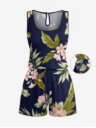 Tropical Leaf Flower Print Hawaii Drawstring Pocket Romper - Bleu profond 5X