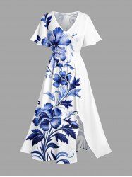 Plus Size Flower Leaf Branch Print Hawaii Split Pocket A Line Midi Dress -  