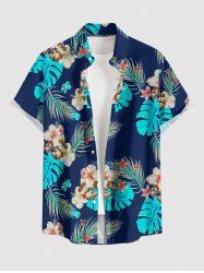 Plus Size Tropical Leaf Hibiscus Flower Print Hawaii Button Pocket Shirt For Men -  
