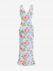 Robe hawaïenne à imprimé de roses et de feuilles, à volants et fente cache-cœur - Bleu clair S