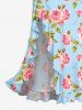 Robe hawaïenne à imprimé de roses et de feuilles, à volants et fente cache-cœur - Bleu clair S
