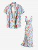 Rose Flowers Leaf Print Hawaii Ruffles Split Surplice Dress -  