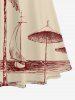 Robe longue hawaïenne grande taille à imprimé de cocotiers, de voiliers et de paysages marins, épaules dénudées et croisées. - café lumière 2X