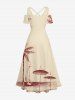Robe longue hawaïenne grande taille à imprimé de cocotiers, de voiliers et de paysages marins, épaules dénudées et croisées. - café lumière 2X