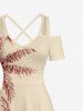 Robe longue hawaïenne grande taille à imprimé de cocotiers, de voiliers et de paysages marins, épaules dénudées et croisées. - café lumière 2X