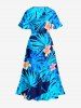 Tropical Flower Leaf Print Split Hawaii Midi Dress - Bleu 1X