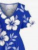 Robe midi trapèze grande taille à imprimé feuilles et hibiscus, style hawaïen, avec poches fendues - Bleu 2X
