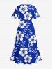Robe midi trapèze grande taille à imprimé feuilles et hibiscus, style hawaïen, avec poches fendues - Bleu 2X
