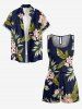 Tropical Leaf Flower Print Hawaii Drawstring Pocket Romper - Bleu profond 5X