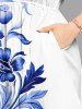 Plus Size Flower Leaf Branch Print Hawaii Split Pocket A Line Midi Dress -  