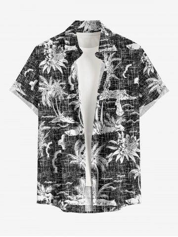 Plus Size Coconut Tree Flowers Print Buttons Pocket Hawaii Shirt For Men - BLACK - 2XL