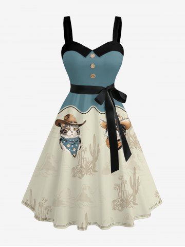 Robe hawaïenne grande taille à imprimé chats, fleurs et cactus, boutons, col rabattu et ceinture - BLUE - 6X