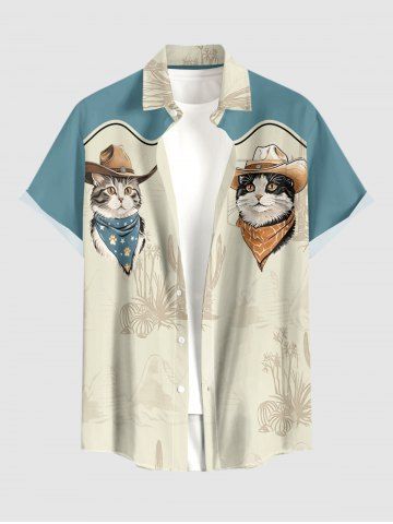 Chemise hawaïenne grande taille pour homme, à imprimé chats, fleurs et cactus, avec boutons et poche. - BLUE - L