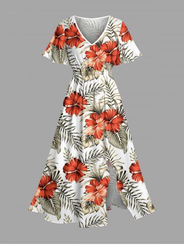 Robe midi hawaïenne fendue à imprimé feuilles tropicales et fleurs d'hibiscus (grande taille) - WHITE - S
