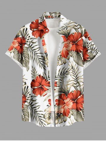 Chemise hawaïenne grande taille pour homme, à imprimé floral tropical et feuilles d'hibiscus, avec boutons et poche. - WHITE - 2XL