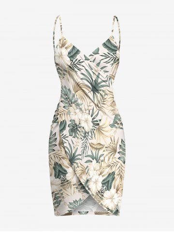 Plus Size Hibiscus Flower Tropical Leaf Print Convertible Hawaii Beach Cover - BEIGE - 2X