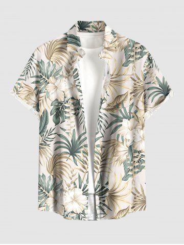 Plus Size Hibiscus Flower Tropical Leaf Print Buttons Pocket Hawaii Shirt For Men - BEIGE - M