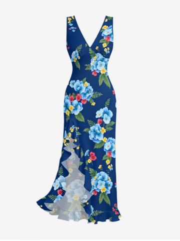 Flower Tropical Leaf Print Hawaii Ruffles Split Dress - CADETBLUE - XS