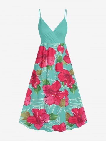 Robe cache-cœur hawaïenne à imprimé de fleurs d'hibiscus et de feuilles tropicales, grande taille - GREEN - 4X