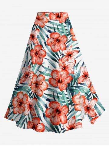 Jupe hawaïenne fendue à imprimé tropical et fleurs d'hibiscus grande taille - CORAL PINK - M