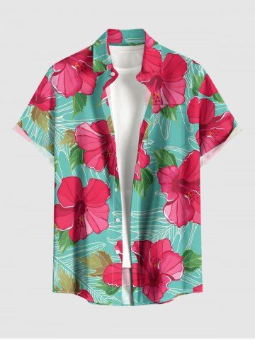 Chemise hawaïenne grande taille pour homme, à imprimé feuilles tropicales et fleurs d'hibiscus, boutons et poche. - GREEN - 3XL