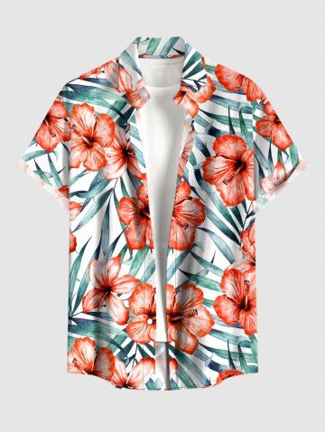 Chemise hawaïenne grande taille pour homme, à imprimé floral tropical et feuilles d'hibiscus, boutons et poche. - CORAL PINK - XL