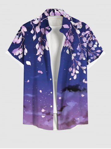 Plus Size Ombre Sky Galaxy Cloud Leaf Branch Print Hawaii Button Pocket Shirt For Men
