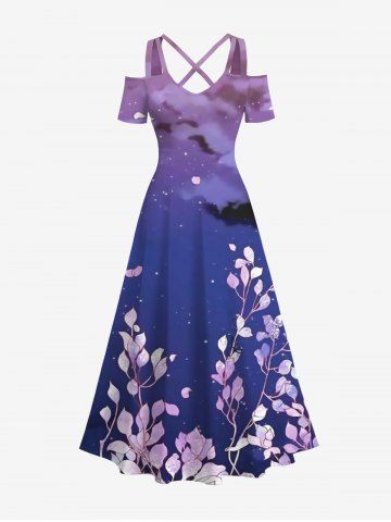 Robe longue trapèze à épaules dénudées, imprimé dégradé ciel galaxie nuage feuilles branches, style hawaïen, grande taille - MULTI-A - S