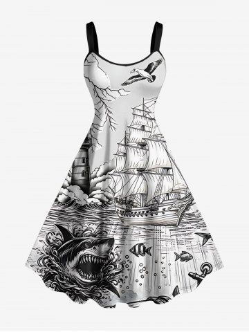 Plus Size Shark Sailboat Sea Waves Lighthouse Print Hawaii Cruise A Line Dress - WHITE - XXS