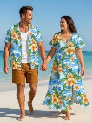 Tenue de plage hawaïenne assortie grande taille à imprimé fleurs, feuilles et vagues pour couples - Bleu Ciel 
