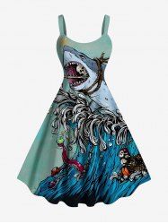 Robe débardeur hawaïenne grande taille à imprimé requin, crâne et vagues - Bleu-gris 5X