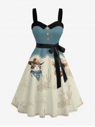 Cats Flowers Cactus Print Buttons Turn Down Collar Hawaii Dress With Belt -  