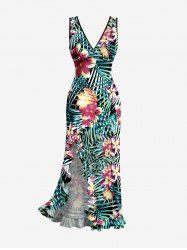 Hibiscus Flowers Tropical Leaf Print Hawaii Ruffles Split Surplice Dress -  