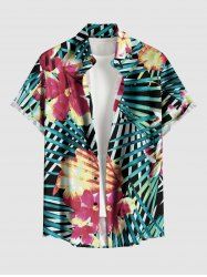 Flowers Tropical Leaf Print Buttons Pocket Hawaii Shirt For Men - Vert M
