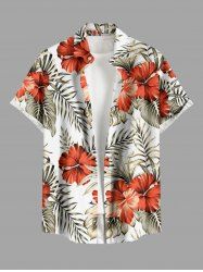 Hibiscus Flower Tropical Leaf Print Buttons Pocket Hawaii Shirt For Men -  